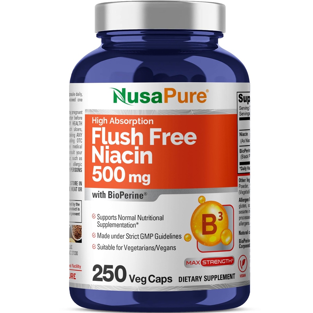 NusaPure Flush Free Niacin 500mg 250 caps (Vegan,Não-GMO & Vegan) Bioperine