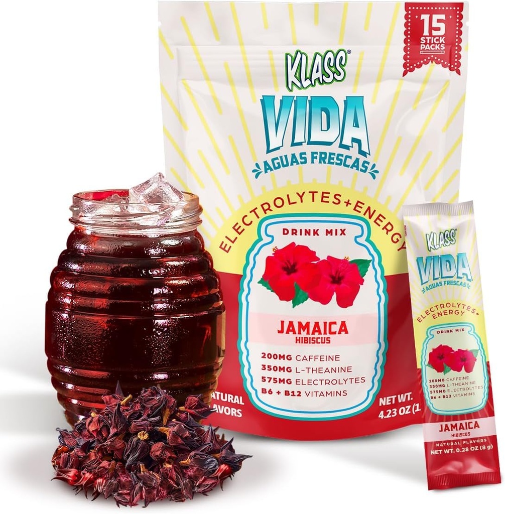 Hidratação + Energia Mistura de bebida eletrolítica – Hibiscus Agua Fresca Flavor – Pó sem açúcar com cafeína, L-Theanina, Água de coco & Minerals – 15 Pacotes de vara de serviço único, Baixa Caloria