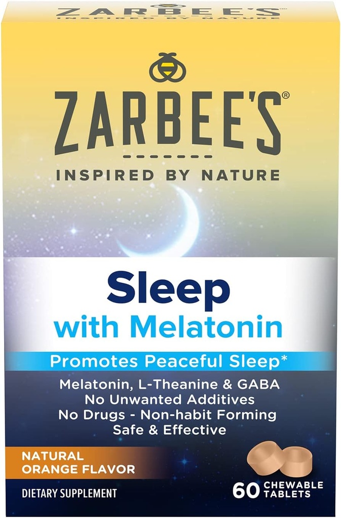 Melatonina de Zarbee 5mg, L-Theanina + GABA Suplemento de sono para promover o sono pacífico, sabor laranja natural, comprimidos mastigáveis para adultos Idade 12 Up, 60 Count