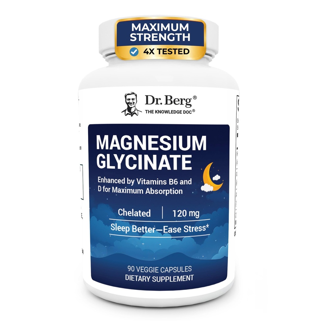 Dr. Berg Magnesium Glycinate 90ct – 4-in-1 Chelated for Muscle, Nerve, Sleep & Stress Support*– w/ D3, B6 & Zinc – 4X Lab-Tested – No Fillers – Formulated in USA, GMP-Certified