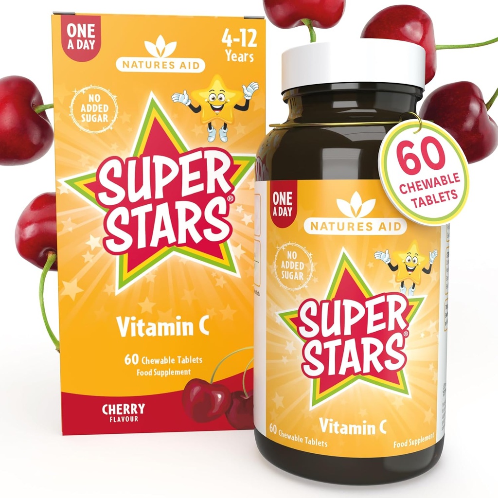 Hemir Naturezas ajuda super estrelas vitamina C para crianças 4-12 anos, 60 comprimidos mastigáveis