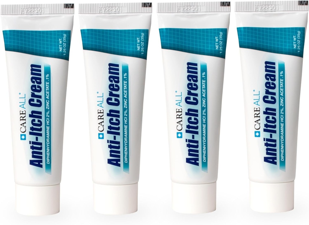 CareAll Anti-Itch Cream 1,25oz (4 Pack) Bloqueio de histamina, Difenidramina HCI 2% Analgésico tópico & Zinc Acetato 0,1% Proteção da pele para dor temporária e alívio de coceira de coceira comum ao ar livre
