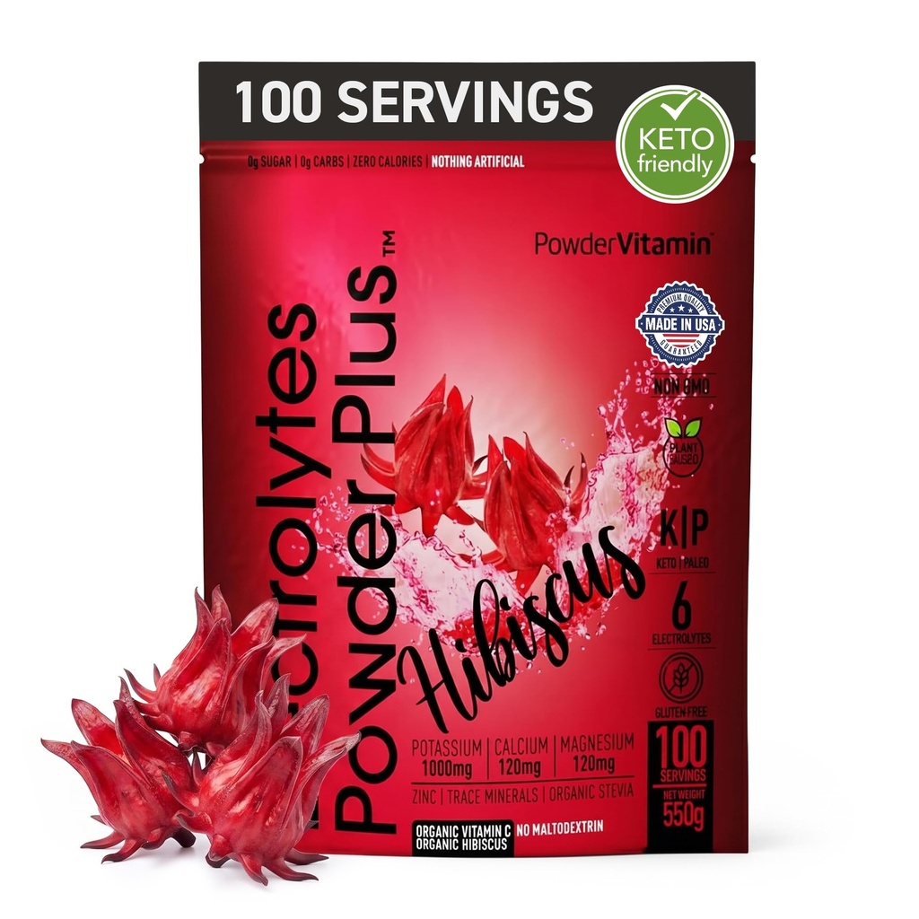 PóVitamina Eletrólitos Pó Plus (100 Servões) Hibisco Eletrolito Pó Zero Caloria Keto,0 Açúcar, Sem Maltodextrina,1000mg Potássio,120mg Cálcio,120mg Magnésio, Hydration Powder