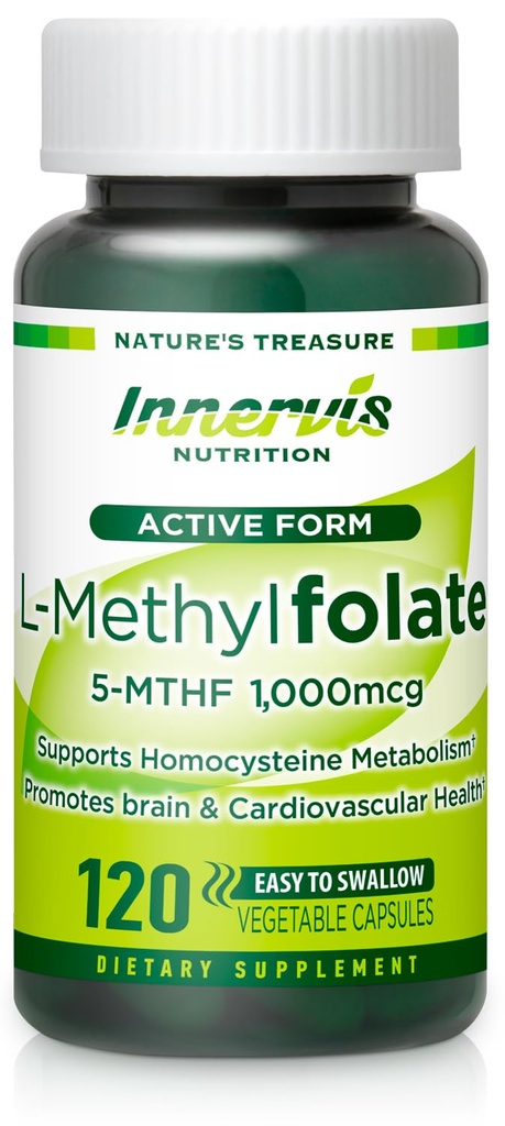 Folato bioativo (L-5-MTHF 1000mcg, Folato 1700mcg) – Suporte Cérebro e Humor, Cápsulas Fácil de Sufocar, 120 Veg