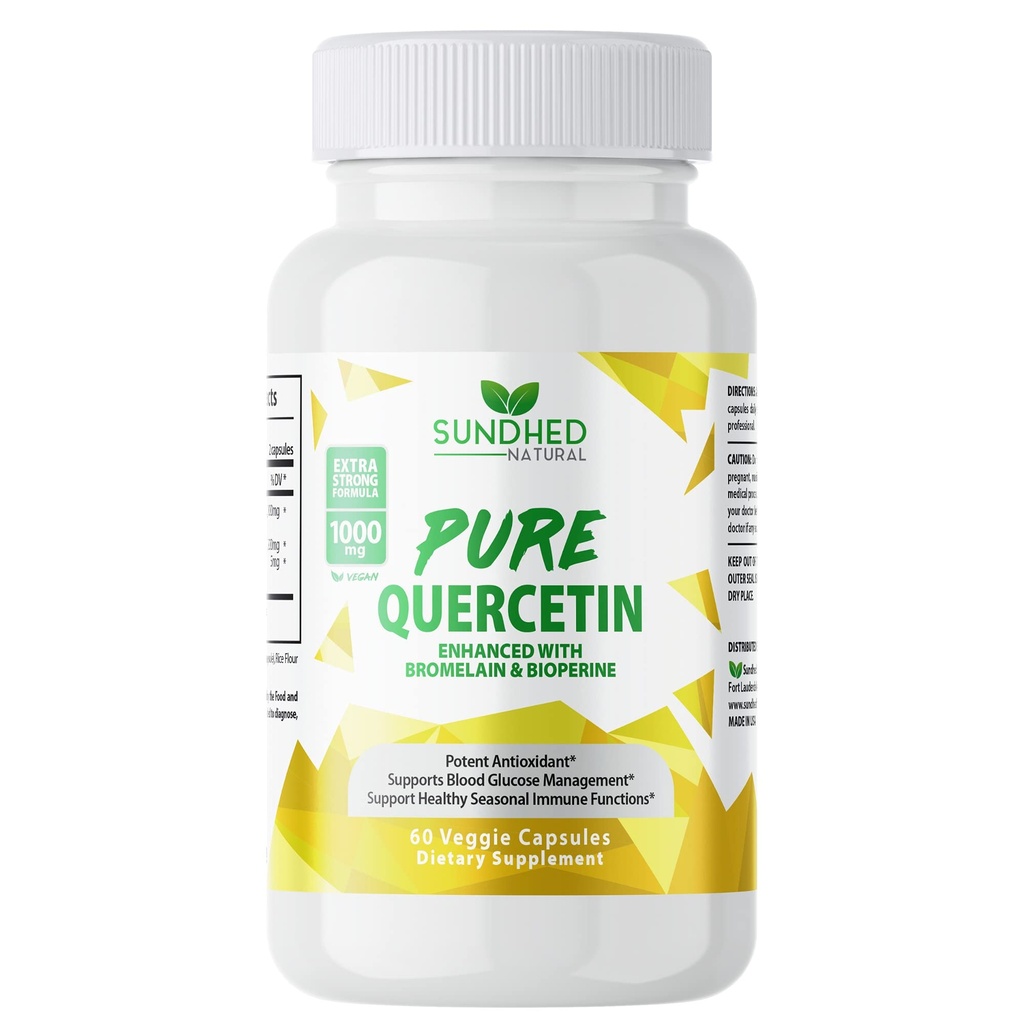 Quercetina Pura com Bromelaína e Bioperina - Apoio Antioxidante, Fórmula Extra Forte com 1000mg, Fornecimento de 1 mês