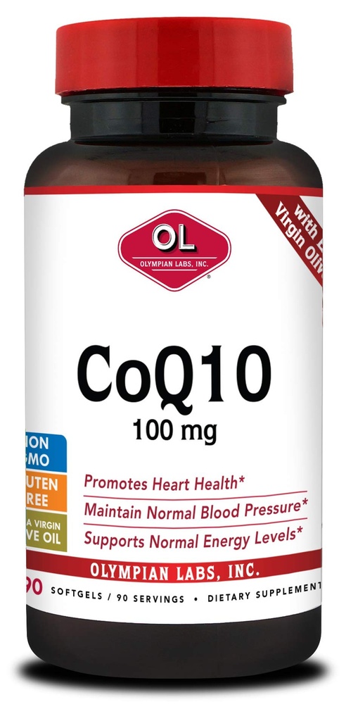 Olympian Labs Coenzyme Q10 100mg Softgels formulado com Extra Virgem Azeite, Apoio à Saúde do Coração, Proteção de Células de Radicais Livres