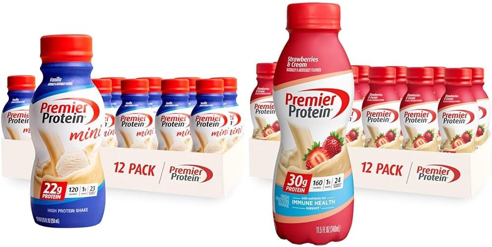 Premier Protein Shake MINIS Vanilla 22g Protein 120 Pacote de calorias de 12 & Morangos Premier Protein Shake 30g Protein 160 Pacote de calorias de 12