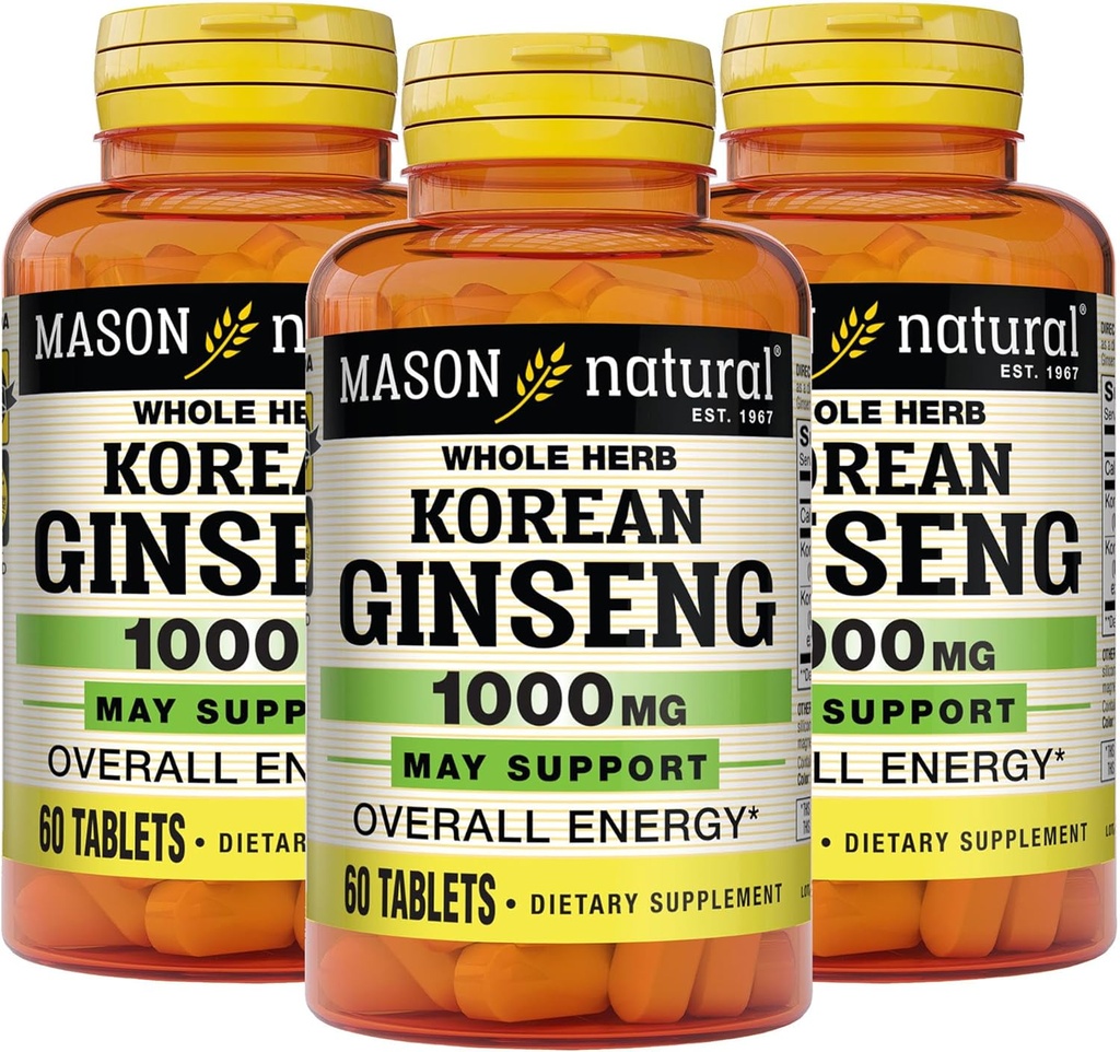 MASON NATURAL Korean Ginseng 1.000 mg, Suporta Energia, Endurance & Vitality, 60 Comprimidos, Pacote de 3