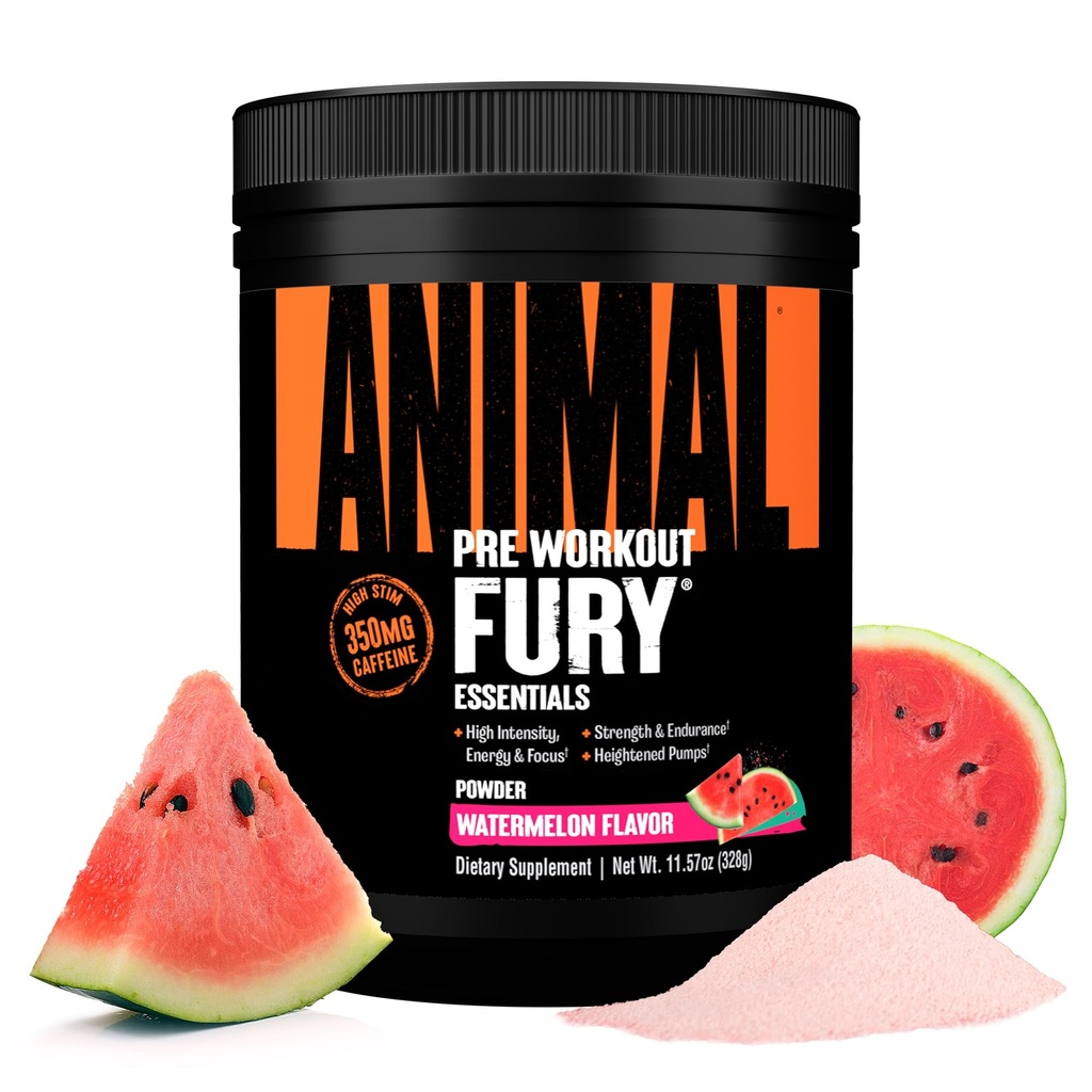 Animal Fury Pré Treino Pó - Melancia, 350mg Cafeína, BCAA Aminoácidos, 2g Beta Alanine, Citrulina e Tirosina, Energia, Foco, Força, Endurance, Pré-treino para Homens e Mulheres, 20 Servings
