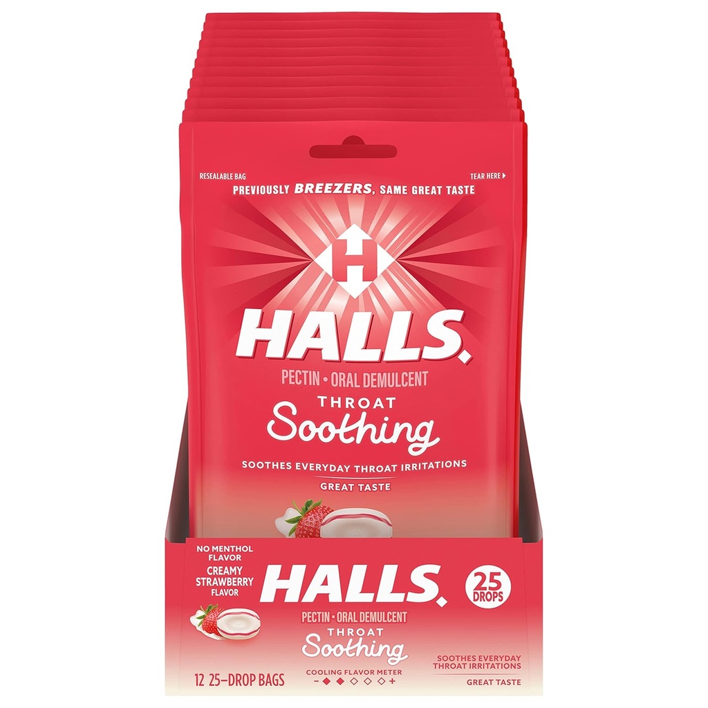 Garganta calmante (anteriormente halls breezers) Gotas cremosas de garganta de morango, 12 sacos de 25 gotas (300 gotas totais)