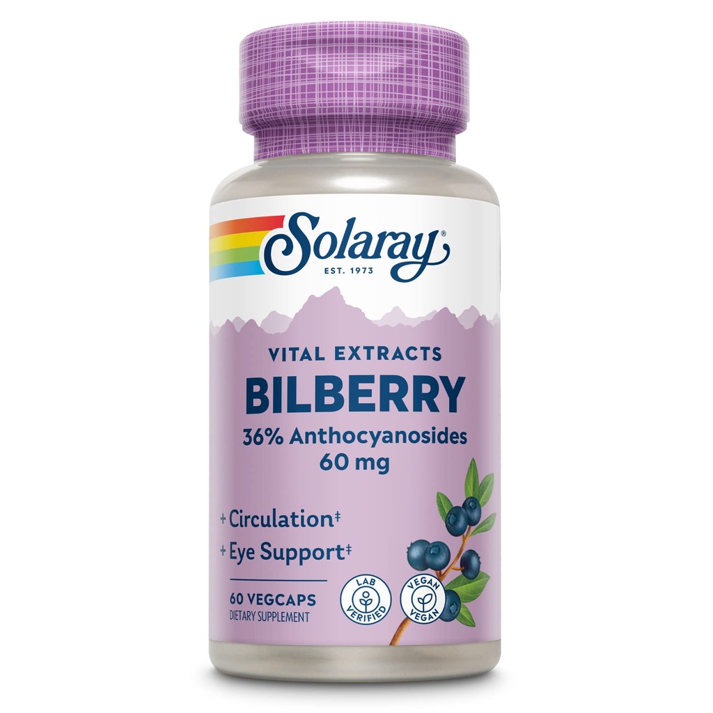 SOLARAY Bilberry Berry Extract 60 mg ; Poderoso Antioxidante ; Visão saudável e suporte à circulação  ; 60 VegCaps