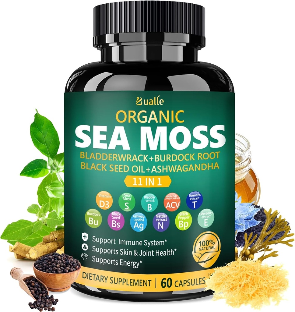Bualle Organic Sea Moss Cápsulas com óleo de semente preta, Ashwagandha, Bladderwrack, Ginger & Burdock Root – Complexo de ervas para bem-estar diário – 60 Cápsulas (1 embalagem)