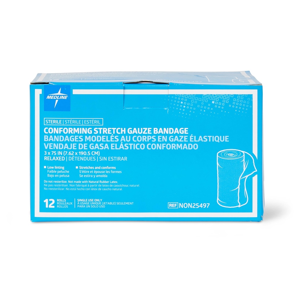 Bandagens Medline Sterile Conforming Gauze, 3" x 75", Ideal para Cuidados com Feridas, Pacote de 96