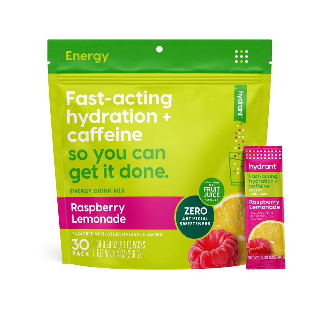 Hydrant - Energia Eletrolítico Pó, Framboesa Limonada Flavor, 30 Cafeína & L-Theanina Energy Rehydration Stick Packs - Baixo Açúcar Energia Pó para Uso Diário
