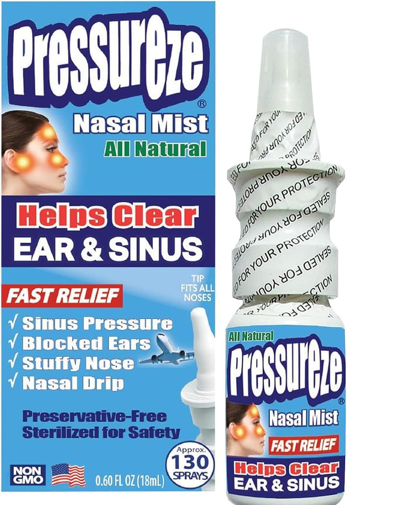 Pressureze Nasal Spray - Tudo Natural Preservativo-Free Sterile - Rápido alívio Nasal Spray - para Sinus Alergies Congestion Bloqueado Orelhas Roncando alto