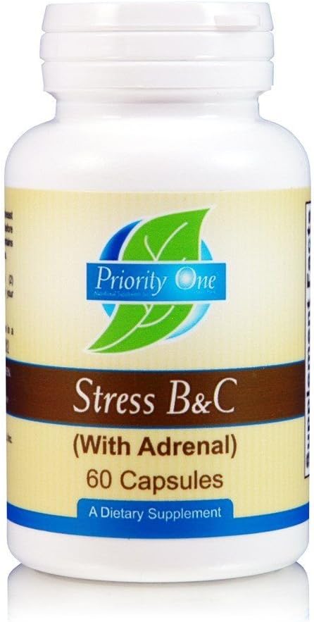 Prioridade Um Vitaminas Stress B & C 60 Cápsulas - Complexo B com Gland Adrenal inteira para apoiar nervos saudáveis, pele, olhos, gastrintestinais e funções cerebrais.*