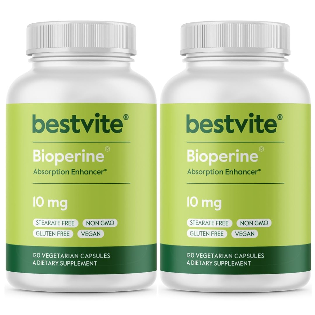Bioperine 10mg (240 Cápsulas vegetarianas) (120 x 2) - Sem estearatos - Vegan - Não OGM - Gluten Free - Enhancer de Absorção