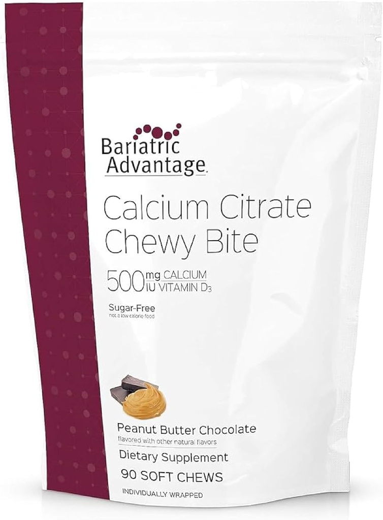 Vantagem bariátrica Citrato de cálcio Mastigar Mordidas 500 mg - Altamente Absorvível e Digestível - Vitamina D3 - Suplemento de cálcio facilmente mastigável - Chocolate de manteiga de amendoim - 90 Contagem
