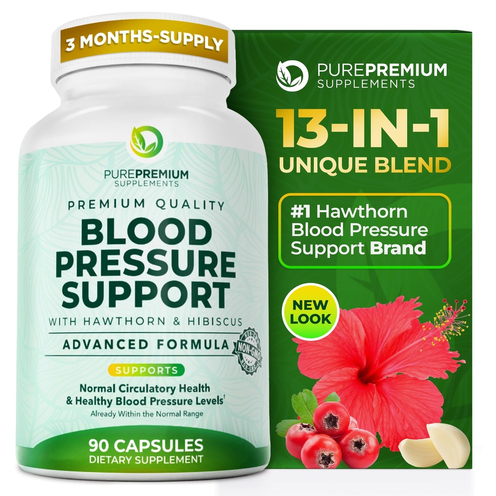 Suplementos de pressão sanguínea PurePremium com Hawthorn Berry, Hibiscus, Alho e Vitamina B12- Suplemento de óxido nítrico para a saúde do coração normal, circulação de saúde e suporte à pressão arterial - 90ct