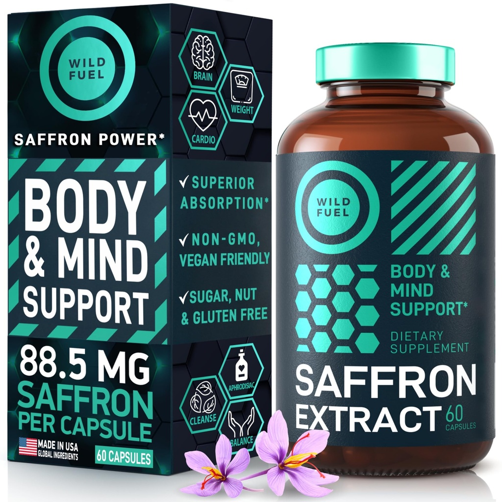 Suplementos de açafrão para mulheres e homens - 88.5mg Puro Extrato de açafrão - Antioxidante, Saúde dos olhos, Apoio Energético e Booster de humor - Vegan, Made in USA, 60 Cápsulas Uma vez por dia