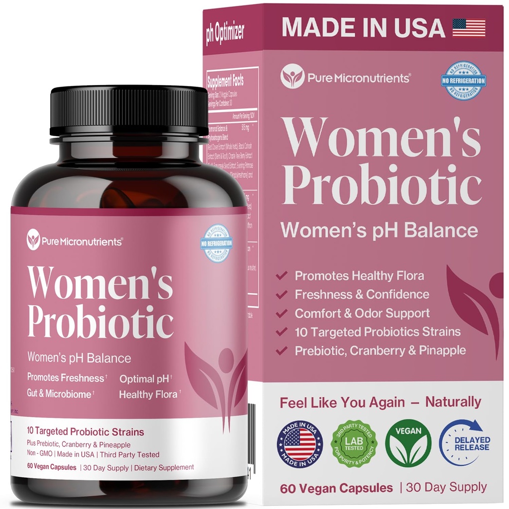 Pure Micronutrientes pH Balance Probióticos Vaginais para Mulheres - Odor & Itch Support - Pílulas de Saúde Vaginal com Cranberry, Lactobacillus & Prebióticos - Suplemento Diário de Bem-Estar Feminino - 60 Cápsulas