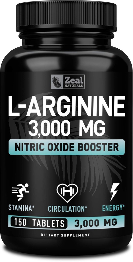Zeal Naturals L Arginina 3000mg Cápsulas (150 Comprimidos 1000mg) Suplemento de Óxido Nítrico L-Arginina de Dose Máxima para Apoio ao Crescimento Músculo, Função Vascular e Energia - Impulso de Óxido Nítrico