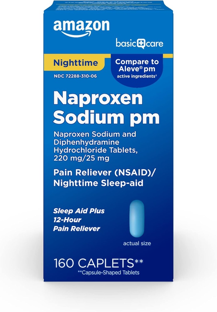 Cuidados Básicos Toda a Noite Alívio da Dor PM, Naproxeno Sódio, 220 mg/Cloridramina, 25 mg Comprimidos, Reliever da Dor/Ajuda ao Sono Noturno, 160