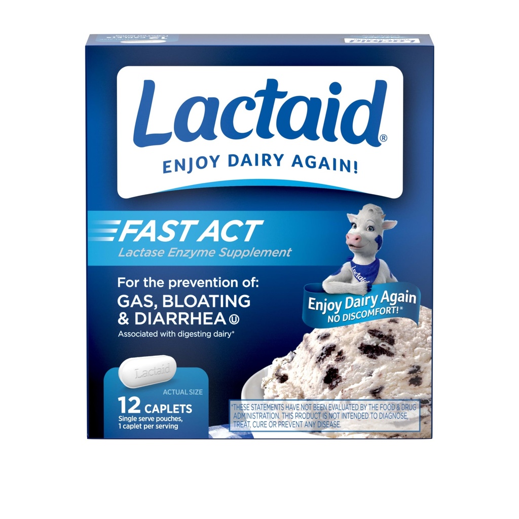 Lactaid Fast Act Lactose Intolerância Relief Caplets com Lactase Enzyme para prevenir gás, inchaço e diarréia Devido à sensibilidade à lactose, Ideal para viagem e em andamento, 12 pacotes de 1-Conta