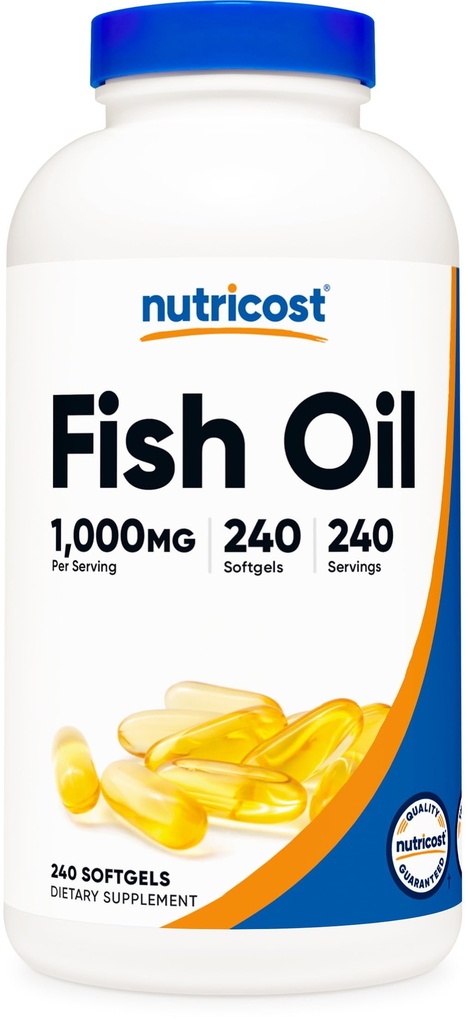 Óleo de peixe nutricost Omega 3 Softgels com EPA & DHA (1000mg de óleo de peixe, 560mg de Omega-3), 240 Softgels, Não-GMO, Gluten Free.