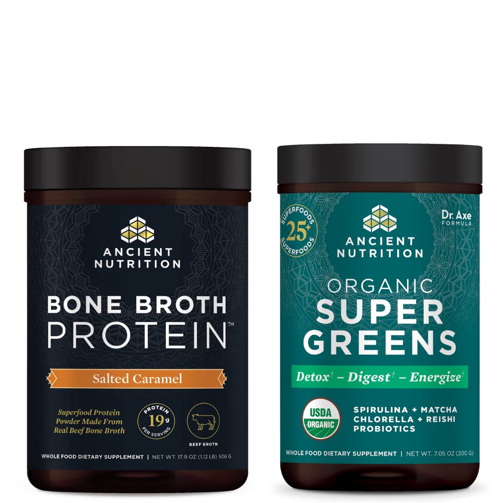 Nutrição antiga caldo de osso proteína em pó, caramelo salgado, 20 Servings + Orgânico Supergreens Pó, Verdes sabor, 25 Servings