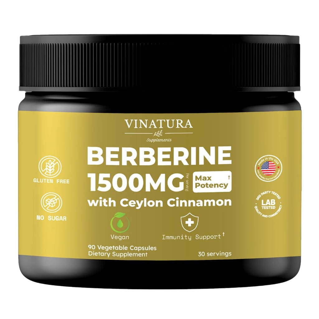 VINATURA Berberine 1500mg - Berberine Suplemento com Ceilão Canela, Max Potência Berberine HCL - 90 Cápsulas