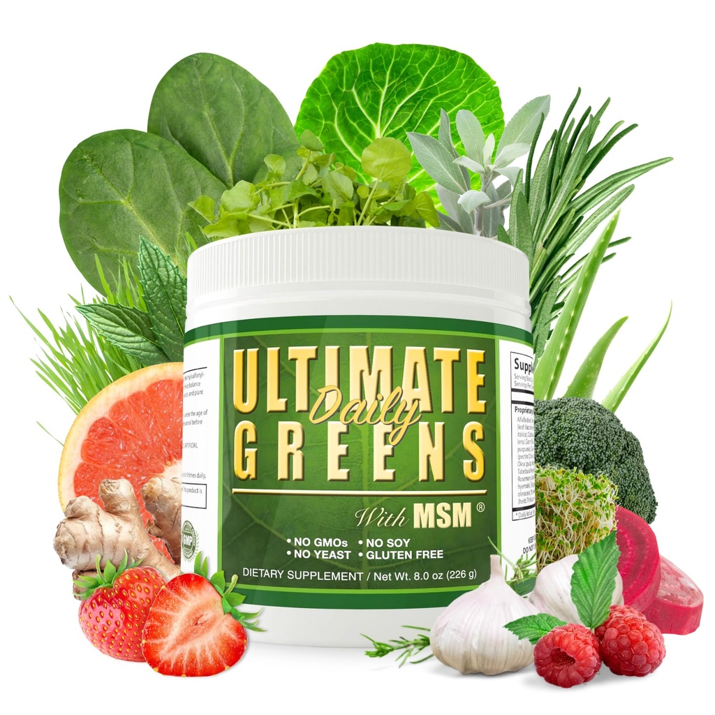 Saúde diária, Ultimate Greens com HSH Pó, Vegan Friendly Ingredients Natural Gluten Soy Free NO OGM Superfood Vegetal Nutricional Bebida Energia Alcalizante 8 onças 1 Pacote (1 Mês de Fornecimento)