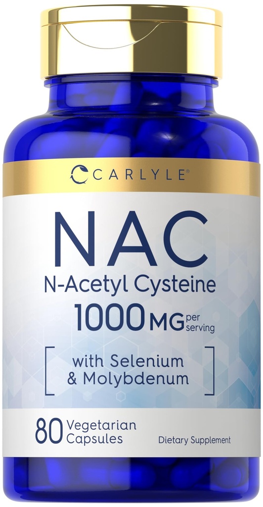 Carlyle NAC Supplement N-Acetyl Cysteine 1000mg Ou 80 Cápsulas com Selênio e Molibdênio, Vegetarian, Non-GMO & Gluten Free