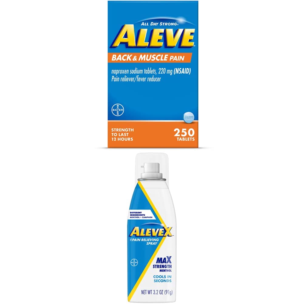 Aleve Back & Muscle com Naproxen, 250 Count & AleveX Pulverizador de alívio da dor, 3,2 onça, alívio da dor