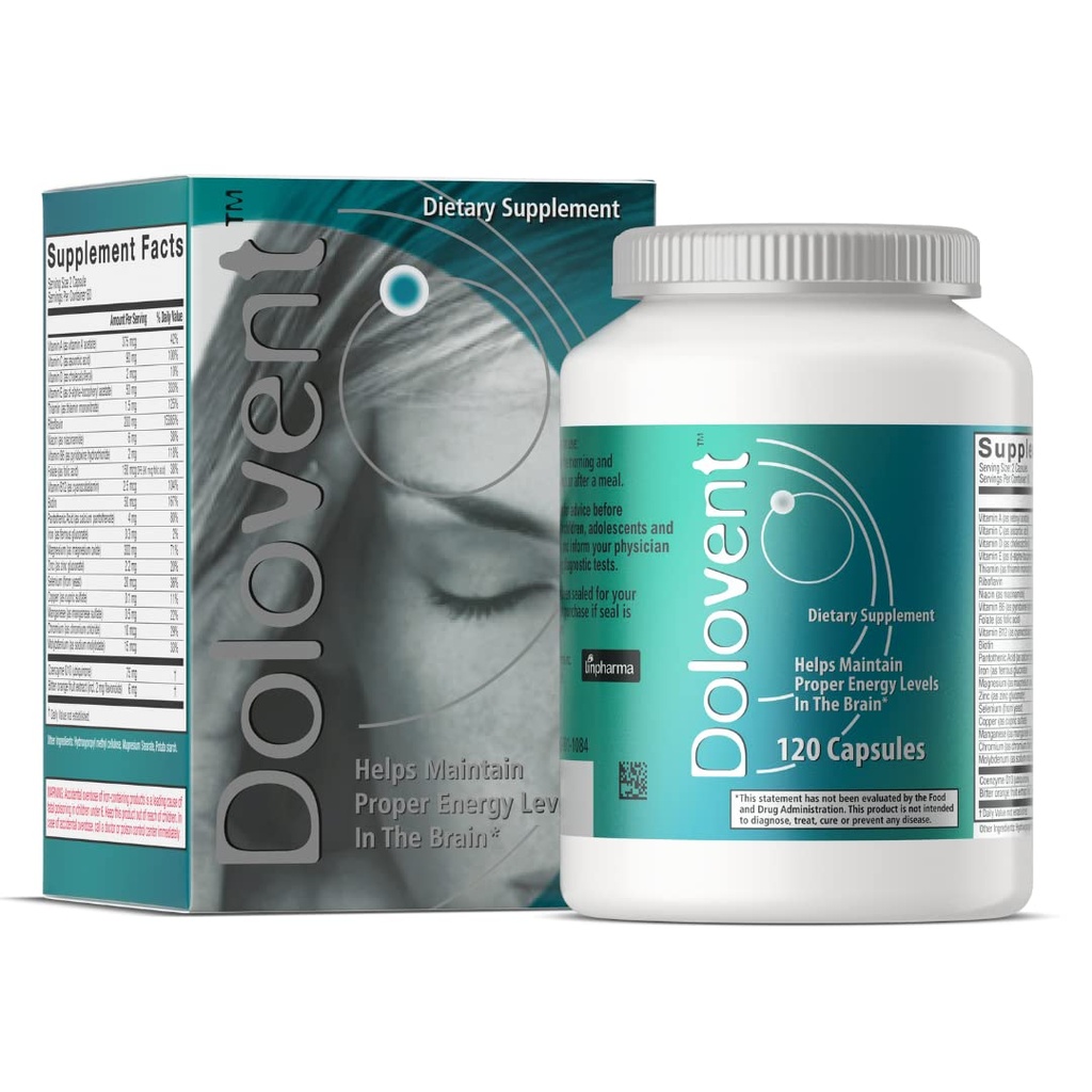 Dolovent - Alivio de Enxaqueca Natural com Magnésio para Enxaquecas, Vitamina B2 400mg, CoQ10 - Suplemento dietético para Saúde do Cérebro - 1 Garrafa