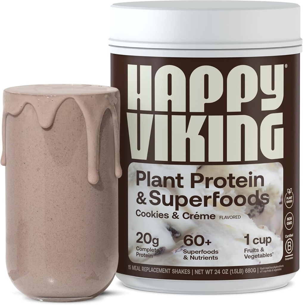 Happy Viking Cookies e Cream Planta Protein Powder, Criado por Venus Williams, 20G Protein, Low Carb, Keto, Vegan, Gluten-Free, Não-GMO, Superalimentos, Completa substituição de refeições, 1 lata