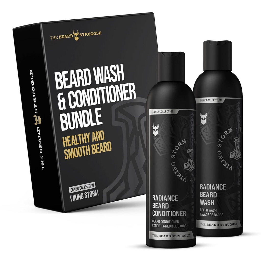 The Beard Struggle - Radiance Beard Wash & Conditioner Bundle - Silver Collection - Pack of 2, Viking Storm - Nourish, Cleanse, Macio, & Fortalece Beard - Beard Wash and Conditioner para homens