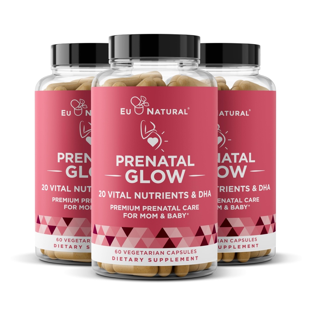 Vitaminas pré-natais brilhantes para mulheres 3-Pack Bundle – 20-in-1 Nutrientes vitais para gravidez saudável e desenvolvimento fetal – Ácido Fólico & Vegan DHA para o crescimento do bebê e uma gravidez confortável – 180 Cápsulas