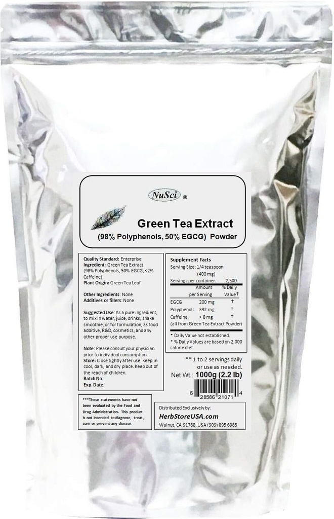 Pó em massa de extrato de chá verde padronizado 98% Polifenóis e 50% EGCG GMO livre não irradiado (1000 gramas (2,2 lb))