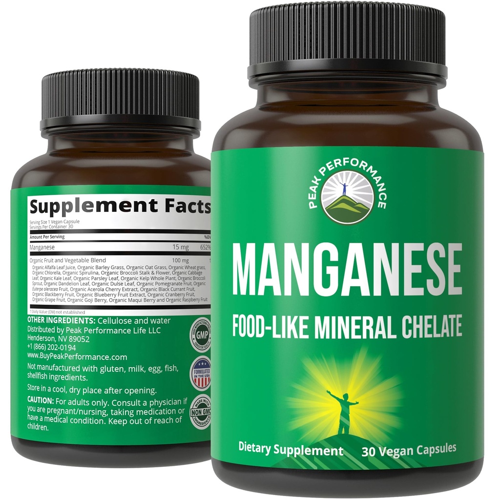 Alimento de suplemento de manganês como mineral quelatado para absorção superior com mistura de alimentos inteiros de 25+ frutas e vegetais. Pure Trace Cápsulas Minerais para tecido conectivo, saúde óssea, suporte de enzimas