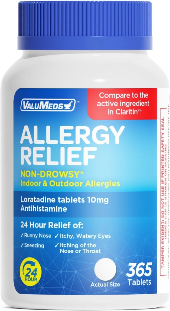 ValuMeds Loratadine 10mg Non-Drowsy 24 horas Alergia Alívio Interior e Exterior □ Todos os dias Anti-histamínico Alergia / Sinus comprimidos para Nariz Runny, Espirros, Comichão, Olhos Aguados