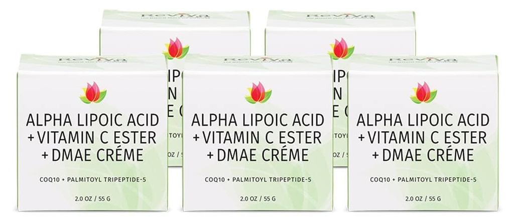 Reviva Labs DMAE Creme com Ácido Alfa Lipóico, Vitamina C Ester - DMAE Lift e Creme Firme para Pescoço e Rosto - Creme Firme e Hidratante da Pele, 5-Pack (2 onças cada)