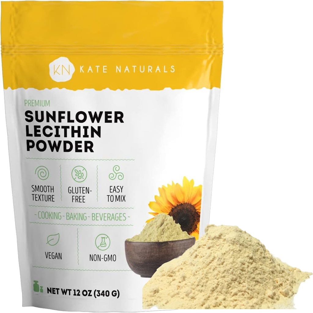 Kate Naturals Girassol Lecitina em pó para fazer pão, chicletes, cozinhar. Suplemento de lecitina para dutos de leite entupidos. Substituto de pó de lecitina de soja (12 oz, não-GMO)