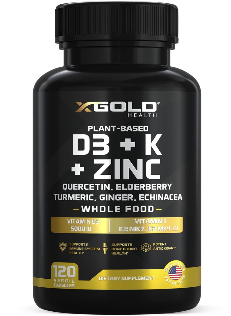 Vitamina D, K2, K1, Zinco, Quercetina, Amora, Açafrão, Ginger & Echinacea Suplemento alimentar inteiro 8 em 1- D3 5000 UI Baseado em plantas de Lichen, Vitamina K (K2 MK7, MK4, K1), D3 K2 Vitaminas -120 Cápsulas
