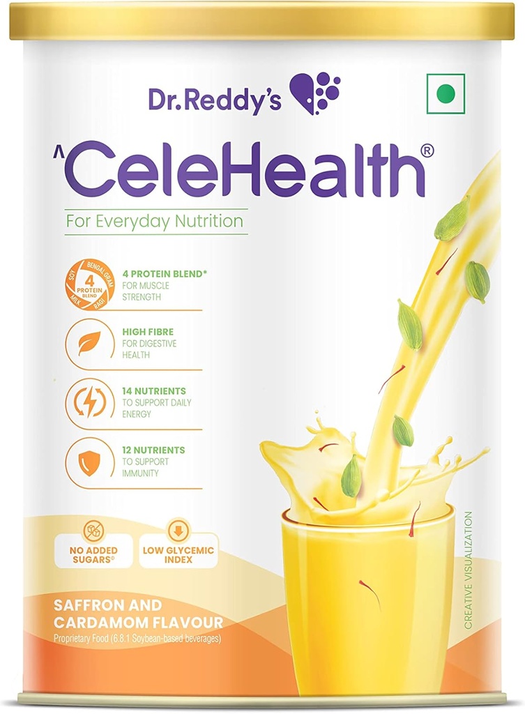 Dr. Reddy Celehealth bebida nutricional, suplemento de proteína para uso diário, baixo índice glicêmico, açúcar adicionado zero, açafrão e cardamom sabor, 400g,amarelo
