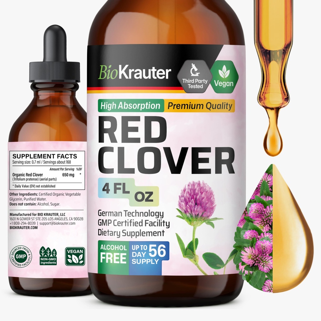 BIO KRAUTER Red Clover Tintura - Red Clover Extract - Suplemento líquido para apoio feminino - Álcool e açúcar livre - Vegan Drops 4 Fl.Oz.