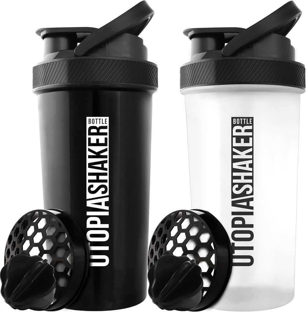 Utopia Home Protein Shaker garrafa - (Pacote de 2) 28-Onça Shaker garrafas para misturas de proteínas - Fitness Sports Classic Protein Mixer Shaker garrafa (Preto e claro / preto)