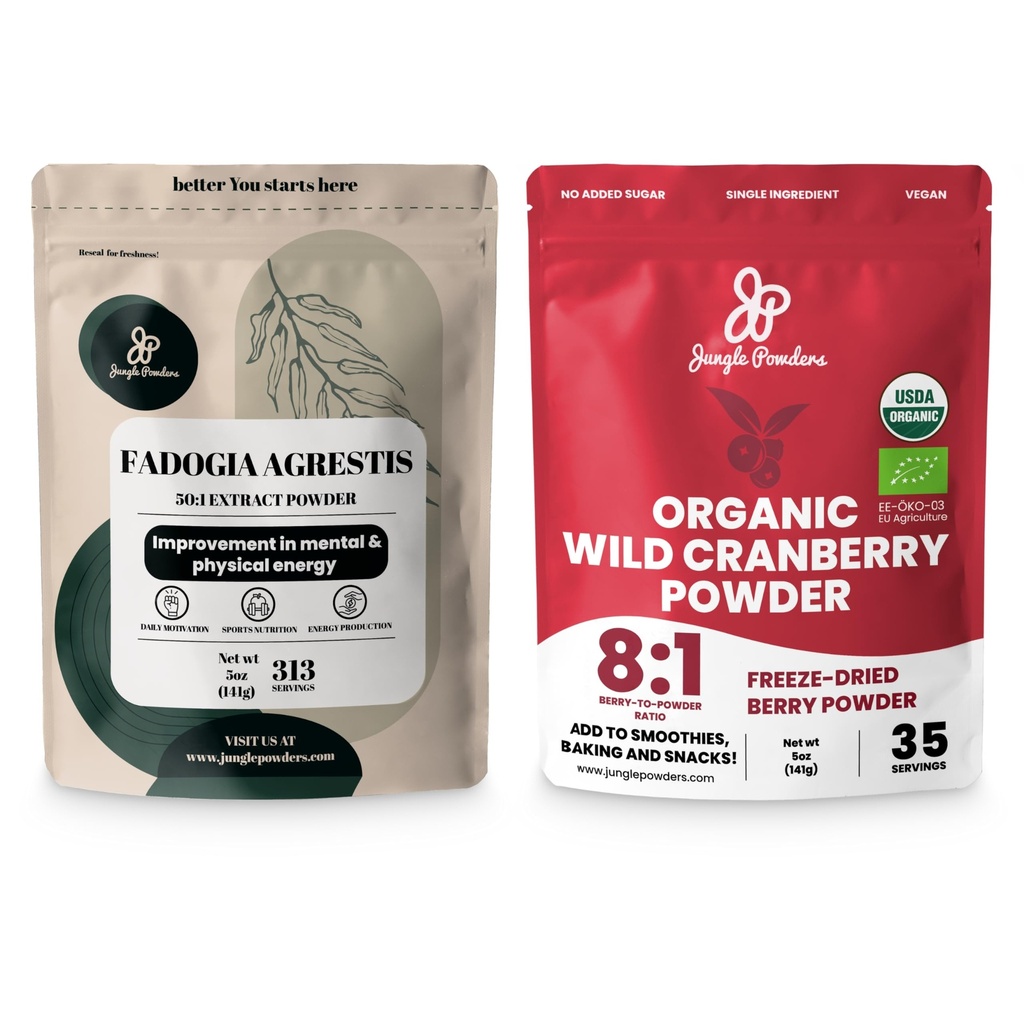 Pó de Selva Ultimate Men's Wellness Duo: 5oz Fadogia Agrestis Extract & 5oz Organic Wild Cranberry Powder - Nigerian Fadogia Supplement for Drive & Passion, USDA Certified Cranberry Superfood