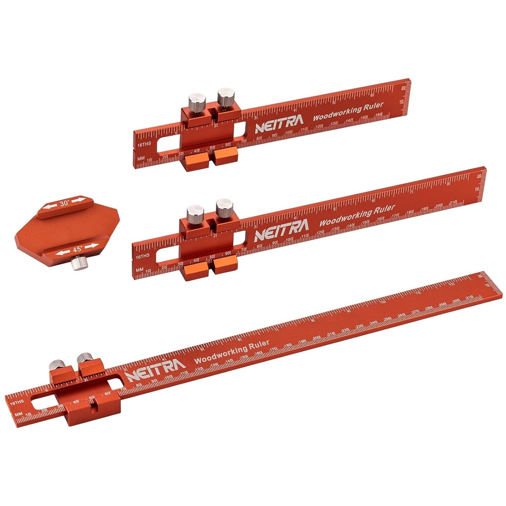 Woodworking Ruler, Neitra 3PCS (6/8/12 Inches) Metal Pocket Rule with a 45° & 30° Slide Stop for Measuring Precision, Slide Stop Aluminium Rule for Marking Inch and Metric T-T-Type Scribing Rulers Square