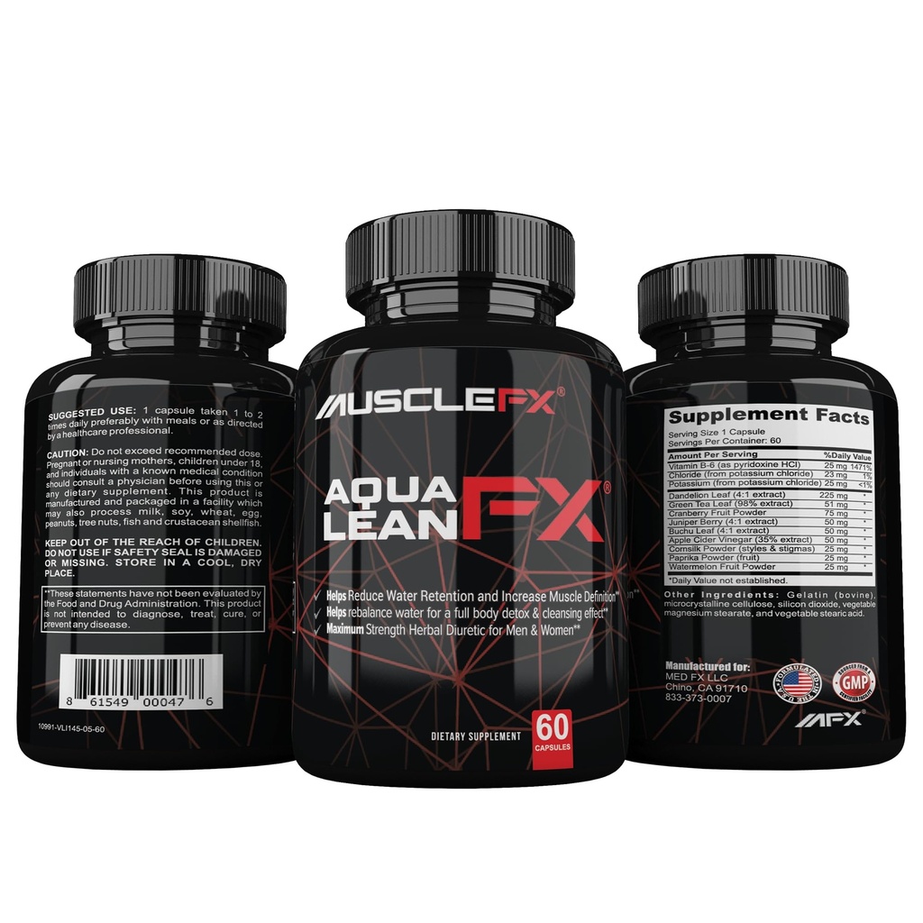 AquaLean FX máxima força Diurético água longe pílulas para retenção de água e definição muscular magra para homens e mulheres, 60 cápsulas